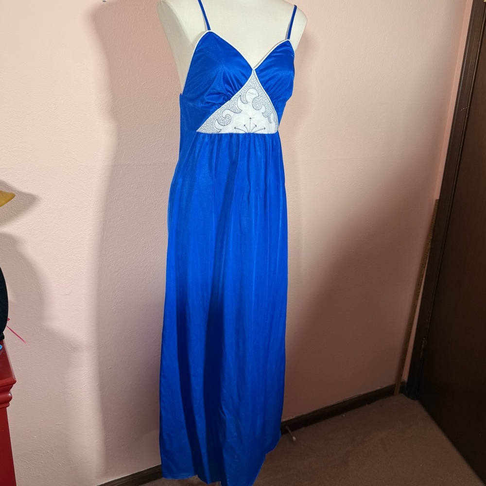 Vintage 1980 Art deco Royal Blue Long Slip Dress Nightgown - Picture 3 of 16